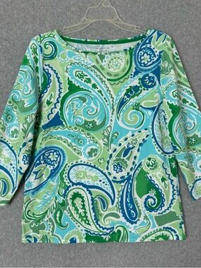 Talbots Tee Womens Large Green Blue Paisley Floral 3/4 Sleeve Casual T Shirt